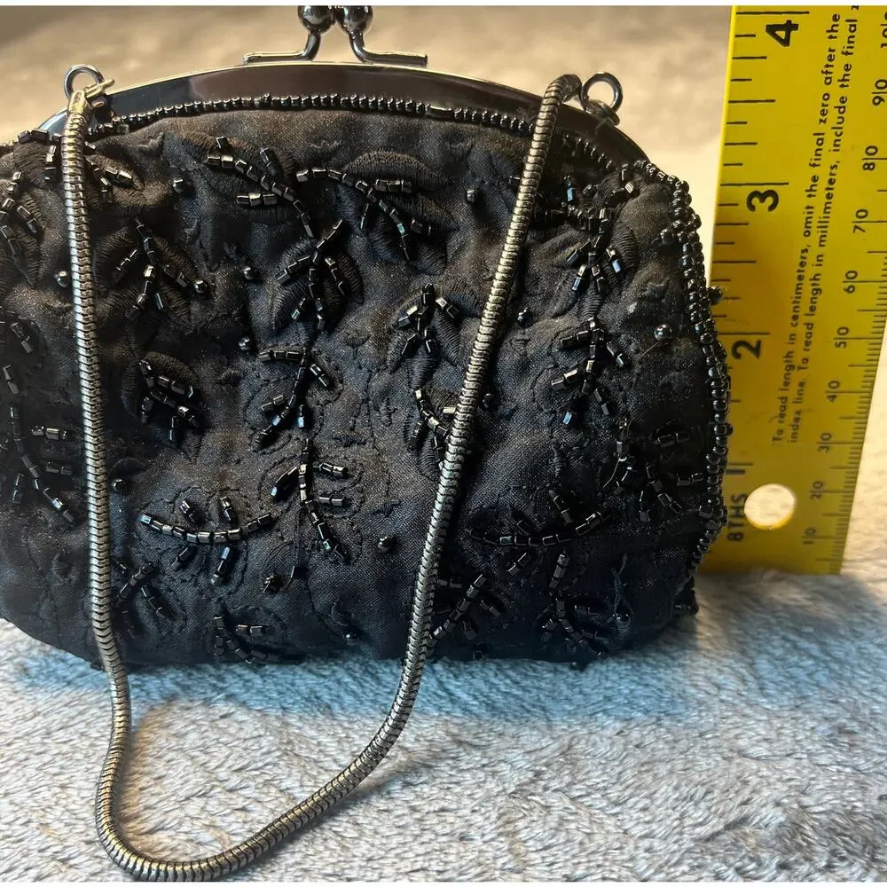 Indeed Black Beaded Satin Evening Clutch Bag Floral Embroidery Kiss Lock Formal